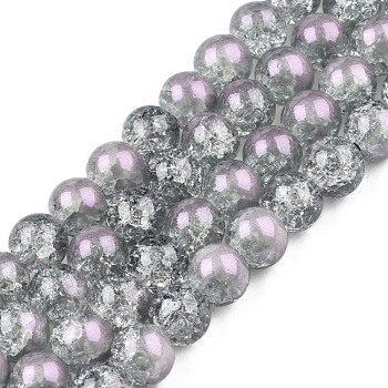 Translucent Crackle Glass Beads Strands, with Glitter Powder, Round, Gainsboro, 8x7.5mm, Hole: 1mm, about 100~105Pcs/strand, 31.50 inch~33.07 inch(80cm~84cm)