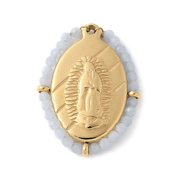 304 Stainless Steel Oval Embossed Jesus Pendants, Synthetic Luminous Stone Faceted Round Beaded Charms, Real 14K Gold Plated, Aqua, 25.5x19x2.5mm, Hole: 1.2mm