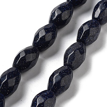 Synthetic Blue Goldstone Beads Strands, Faceted Rice, 12.5x8mm, Hole: 1.2mm, about 16pcs/strand, 7.68 inch(19.5cm)