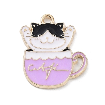 Alloy Enamel Pendants, Golden, Cup Cat with Word Coffee Charm, Plum, 23.5x20x1mm, Hole: 1.6mm