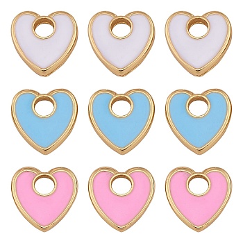 9Pcs 3 Colors Rack Plating Eco-friendly Brass Enamel Charms, Long-Lasting Plated, Real 18K Gold Plated, Heart, Mixed Color, 9.5x10x2mm, Hole: 3mm, 3pcs/color