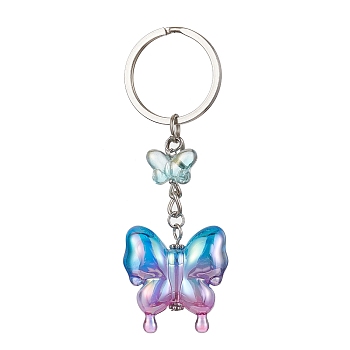 Glass & Acrylic Butterfly Keychain, with Iron Keychain Ring, Dodger Blue, 8.5cm