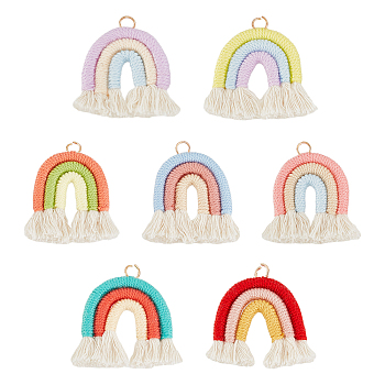 7Pcs 7 Colors Macrame Weaving Rainbow Tassel Pendants, with Golden Iron Loops, Mixed Color, 40~41x41~46x6.5mm, Hole: 4.2mm, 1pc/color
