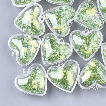 Plastic Pendants, with Dried Flower & Rhinestone, Heart, Green, 29x30x18mm, Hole: 1.8mm