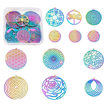 48Pcs 12 Style 201 Stainless Steel Filigree Pendants, Etched Metal Embellishments, Mixed Shapes, Rainbow Color, 4pcs/style