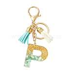 Transparent Epoxy Resin Pendant Keychains, with Iron Alloy Lobster Claw Clasp Keychain and Faux Suede Tassel Pendant Decorations, for Keychain, Purse, Backpack Ornament, Letter P, 9.5~11cm, pendant: 35~44mm long(KEYC-FS00022-16)