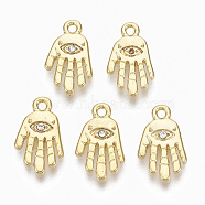 Alloy Charms, with Crystal Rhinestone, Cadmium Free & Nickel Free & Lead Free, Palm with Eye, Real 18K Gold Plated, 15x9x2mm, Hole: 1.2mm(X-PALLOY-S135-016-NR)