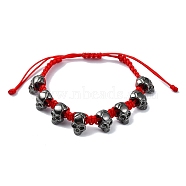 Adjustable Alloy Braided Beads Bracelets, Halloween Skull Bracelets for Men Women, Red, Inner Diameter: 2~3-1/8 inch(5~7.8cm)(BJEW-JB10915)