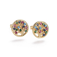Brass Micro Pave Cubic Zirconia Stud Earrings, Flat Round with Tree of Life, Golden, Colorful, 14.5x10.3x2.5mm, Pin: 0.7mm(EJEW-L224-21G)