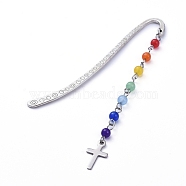 Chakra Theme, Tibetan Style Alloy Bookmarks, with Natural & Dyed Malaysia Jade Beads and 304 Stainless Steel Pendants, Cross, Colorful, Pendants: about 89x9.5x4.5mm, 84x4.5x1.3mm(AJEW-JK00160-01)