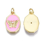 Brass Micro Pave Clear Cubic Zirconia Enamel Pendants, with Jump Ring, Cadmium Free & Nickel Free & Lead Free, Real 16K Gold Plated, Oval with Butterfly, Hot Pink, 18.5x12x3mm, Jump Ring: 5x1mm, 3mm inner diameter(KK-Q283-004I-NR)