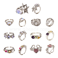 7Pcs 7 Style Rhinestone Heart & Star & Half Round Open Cuff Rings Set with Cat Eye Beaded, Silver Brass Jewelry for Women, Mixed Color, Inner Diameter: 15.1~17.9mm, 1Pc/style(RJEW-TA0001-03)