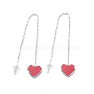 Long Chain with Enamel Heart Dangle Stud Earrings, 304 Stainless Steel Ear Thread for Women, Stainless Steel Color, Indian Red, 101mm, Pin: 1mm(EJEW-A067-01P-B)