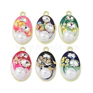 Rack Plating Alloy Enamel Pendants, with Resin, ABS Imitation Pearl Beads, Rhinestone and Glass Beads, Cadmium Free & Nickel Free & Lead Free, Oval, Mixed Color, 34x20x9mm, Hole: 2.5mm(FIND-I038-12)