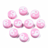 Handmade Polymer Clay Beads, Flat Round with Yin Yang, Pearl Pink, 9~10x9~10x4~7mm, Hole: 2mm(CLAY-T016-65D)