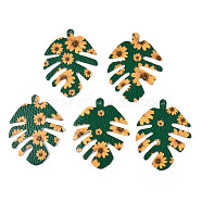 PU Leather Big Pendants, Double-Sided Printing, Daisy Flower Pattern, Leaf, Green, 55x43x2mm, Hole: 1mm(FIND-TA0002-A22)