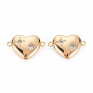 Brass Micro Pave Clear Cubic Zirconia Connector Charms, Nickel Free, Heart, Real 18K Gold Plated, 15x21x5mm, Hole: 1.6mm(KK-S356-741)