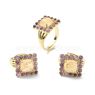Natural Yellow Agate & Amethyst Rectangle Adjustable Ring, Real 18K Gold Plated Brass Wide Ring for Women, US Size 7 1/4(17.5mm)(RJEW-B030-01B-01)