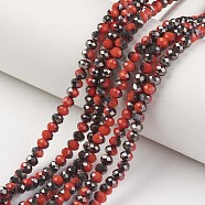 Electroplate Opaque Glass Beads Strands, Half Black Plated, Faceted, Rondelle, Dark Red, 6x5mm, Hole: 1mm, about 85~88pcs/strand, 16.1~16.5 inch(41~42cm)(EGLA-A034-P6mm-P15)