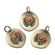 Tibetan Style Rack Plating Brass Enamel Pendant, with Jump Ring, Long-Lasting Plated, Flat Round with Lotus, Brushed Antique Bronze, 17x16x1.5mm(KK-Q805-31AB)