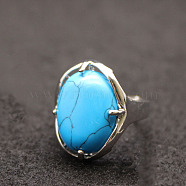 Oval Synthetic Turquoise Adjustable Ring, Platinum Alloy Jewelry for Women, Inner Diameter: 18mm(FIND-PW0021-05O)