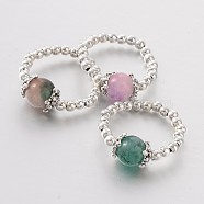 Two Tone Natural Jade Stretch Finger Rings, with Tibetan Style Bead Caps and Silver Color Plated Iron Beads, Mixed Color, 19mm(RJEW-JR00152)