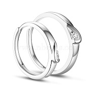SHEGRACE Adjustable Rhodium Plated 925 Sterling Silver Heart Couple Rings, with AAA Cubic Zirconia, Size 7 and Size 10, Platinum, 17mm and 20mm(JR231A)