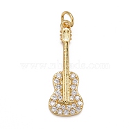 Rack Plating Brass Clear Cubic Zirconia Pendants, Cadmium Free & Nickel Free & Lead Free, Long-Lasting Plated, with Jump Ring, Guitar, Real 18K Gold Plated, 27.5x9.5x2mm, Jump Ring: 5x1mm, Inner Diameter: 3mm(KK-M229-42G)