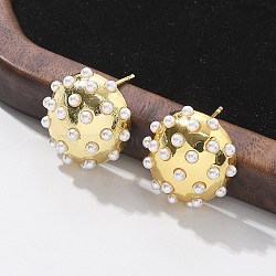 Half Round Brass & ABS Imitation Pearl Stud Earrings, Rack Plating, Long-Lasting Plated, Lead Free & Cadmium Free, Real 18K Gold Plated, 17.5x16.5mm(EJEW-M077-07G)