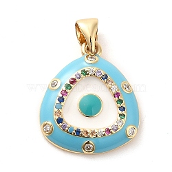 Real 18K Gold Plated Brass Clear Cubic Zirconia Pendants, with Enamel, Triangle with Evil Eye, Deep Sky Blue, 18x15.5x3mm, Hole: 5x3.5mm(KK-A198-10G-03)