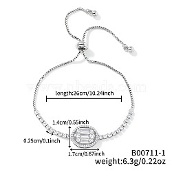 Chic Adjustable Brass Rhinestone Oval Link Bracelets, Slider Bracelets for Women, Platinum, 10-1/4 inch(26cm)(GG1696)