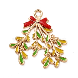 Rack Plating Alloy Enamel Pendants, Bowknot with Leafy Branch Charms, Colorful, 30x29x2mm, Hole: 2mm(ENAM-B052-02G)