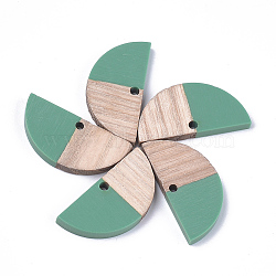 Resin & Wood Semi Circle Pendants, Half Round, Sea Green, 14x28x3~3.5mm, Hole: 2mm(RESI-S358-54D)