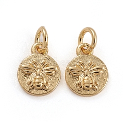 Brass Charms, with Jump Rings, Flat Round with Bees, Golden, 10x8x1.5mm, Hole: 3mm(X-ZIRC-E164-57G)