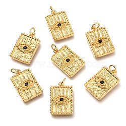 Brass Micro Pave Black Cubic Zirconia Pendants, Long-Lasting Plated, with Jump Ring, Rectangle with Eye, Real 18K Gold Plated, 20x13x2.4mm, Hole: 3.2mm(ZIRC-J024-07G)
