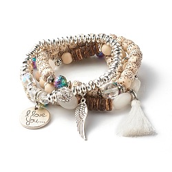 Round Bodhi Beads Stretch Bracelets Sets, Prayer Mala Bracelets, Natural & Synthetic Mixed Stone Bracelets with Flat Round & Tassel & Wing Charm, I Love You Word Jewelry for Women, Inner Diameter: 2~2-3/8 inch(5.2~6cm), 4pcs/set(BJEW-JB07346)