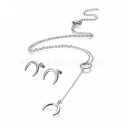 304 Stainless Steel Jeweley Sets, Cable Chain Lariat Necklaces and Stud Earrings, with Lobster Claw Clasps and Ear Nuts, Crescent/Double Horn, Stainless Steel Color, 18.11 inch(46cm), 14x12.5mm, Pin: 0.7mm(X-SJEW-I203-11P)