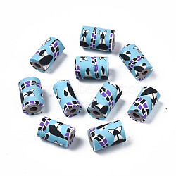 Handmade Polymer Clay Beads, Column with Jewelry Crafts Pattern, Sky Blue, 11x6~7.5mm, Hole: 2~3mm(CLAY-N008-046-15)