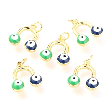 Brass Enamel Pendants, Long-Lasting Plated, Real 18K Gold Plated, with Jump Rings, Round with Evil Eye, Black, 16x14x5mm, Jump Ring: 5x0.6mm,  3mm inner diameter