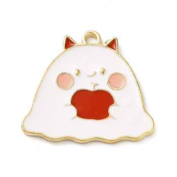Halloween Theme Alloy Enamel Pendants, Ghost with Apple Charm, Light Gold, Red, 22x24x1.5mm, Hole: 1.8mm