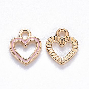 Alloy Enamel Charms, Heart, Light Gold, Pink, 12x10.5x2mm, Hole: 2mm