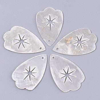 Natural Capiz Shell Pendants, Petal with Star, Linen, 34.5~35.5x21.5~22x1mm, Hole: 1.6mm