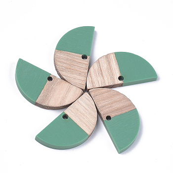 Resin & Wood Semi Circle Pendants, Half Round, Sea Green, 14x28x3~3.5mm, Hole: 2mm
