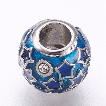 304 Stainless Steel European Beads, Large Hole Beads, with Enamel and Rhinestone, Rondelle with Star, Stainless Steel Color, Dark Blue, 10x9.5mm, Hole: 4mm