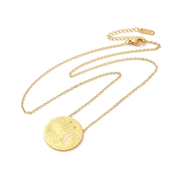 304 Stainless Steel Flat Round Pandant Necklace for Women, Golden, Moon, 20.94 inch(53.2cm)