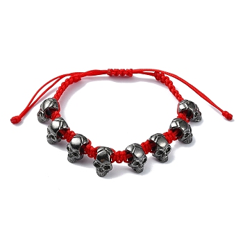 Adjustable Alloy Braided Beads Bracelets, Halloween Skull Bracelets for Men Women, Red, Inner Diameter: 2~3-1/8 inch(5~7.8cm)