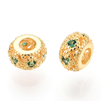 925 Sterling Silver Pave Green Cubic Zirconia Spacer Beads, Hollow Rondelle Beads, Real 18K Gold Plated, 4.5x3mm, Hole: 2mm