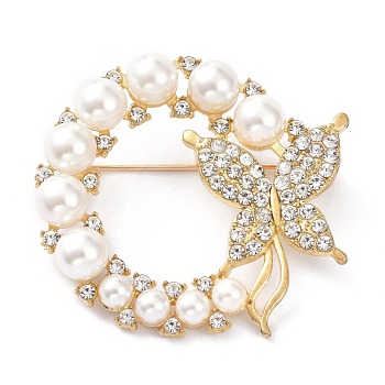 Alloy Brooch, with Plastic Imitation Pearl Beads & Rhinestone, Ring with Butterfly, Golden, 38x41x8mm
