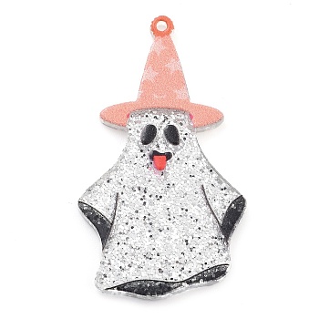 Halloween Printed Acrylic Pendants, with Glitter Powder, Ghost, 45x26x2.5mm, Hole: 1.5mm