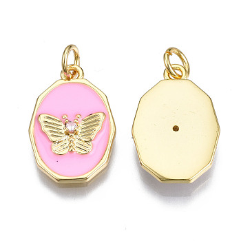 Brass Micro Pave Clear Cubic Zirconia Enamel Pendants, with Jump Ring, Cadmium Free & Nickel Free & Lead Free, Real 16K Gold Plated, Oval with Butterfly, Hot Pink, 18.5x12x3mm, Jump Ring: 5x1mm, 3mm inner diameter